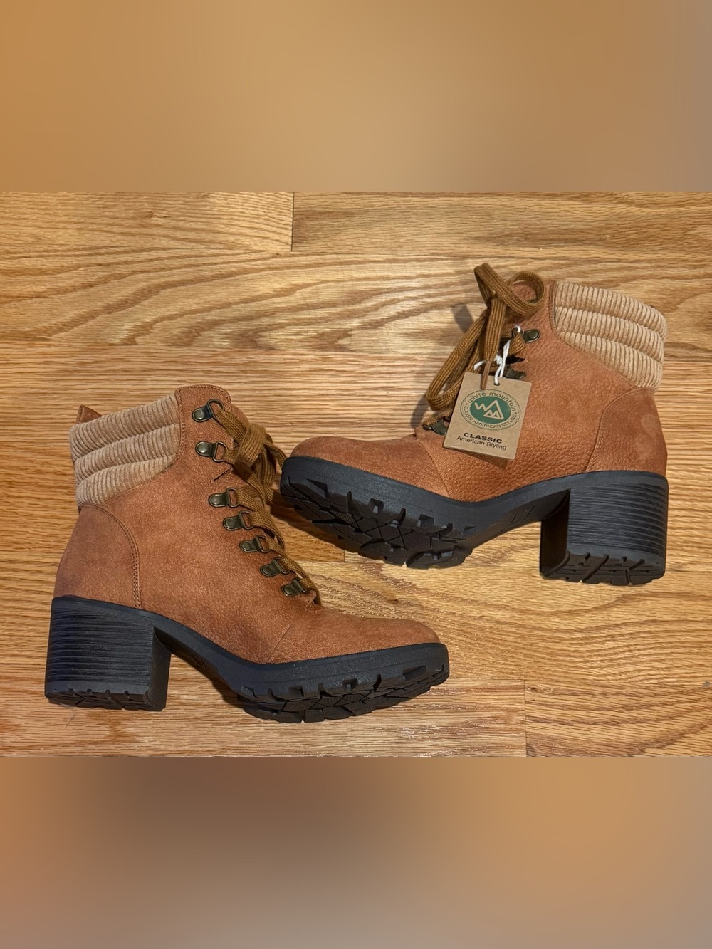 White Mountain Tan Suede Lace-Up Ankle Boots with Block Heel